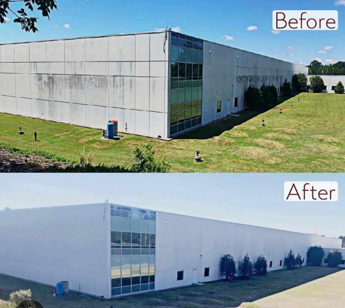 Before and after pressure washing a large commercial building