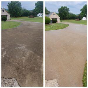 Before and after cleaning a concrete driveway