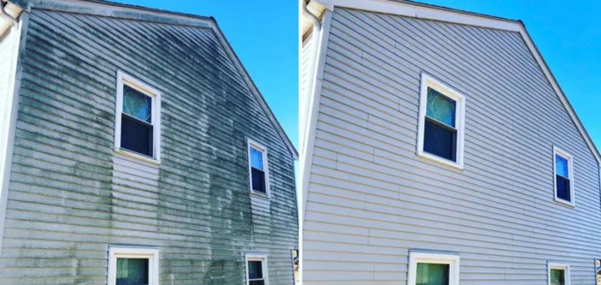 Before and after soft washing algae off a house exterior