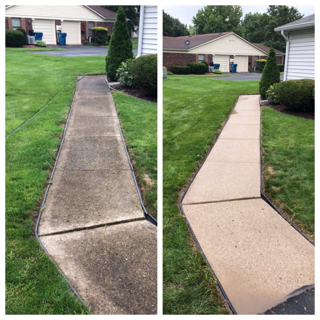 Before and after pressure washing a residential sidewalk