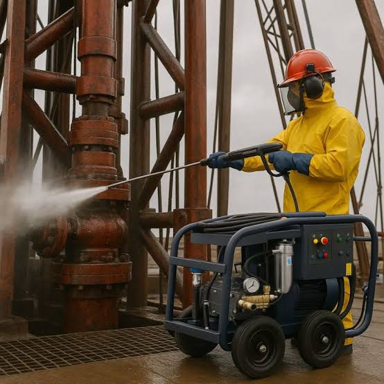 Technician pressure washing rusty oilfield pipes